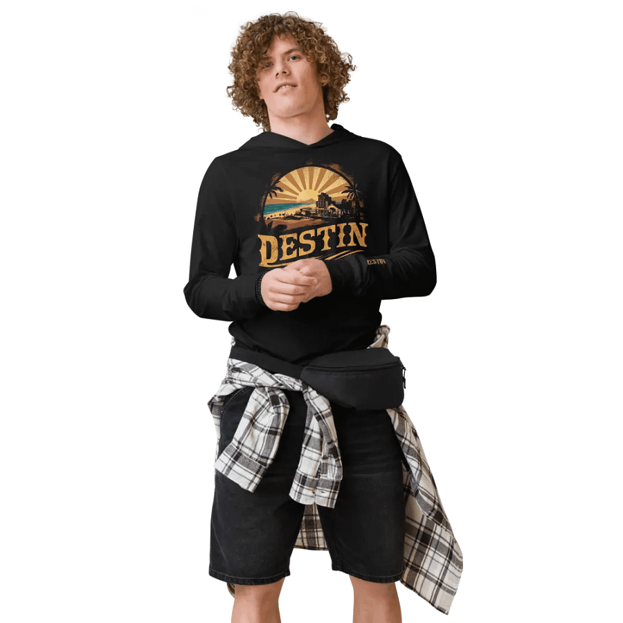 Retro Coastal Destin Sunset Long Sleeve Hooded Tee product image (11)
