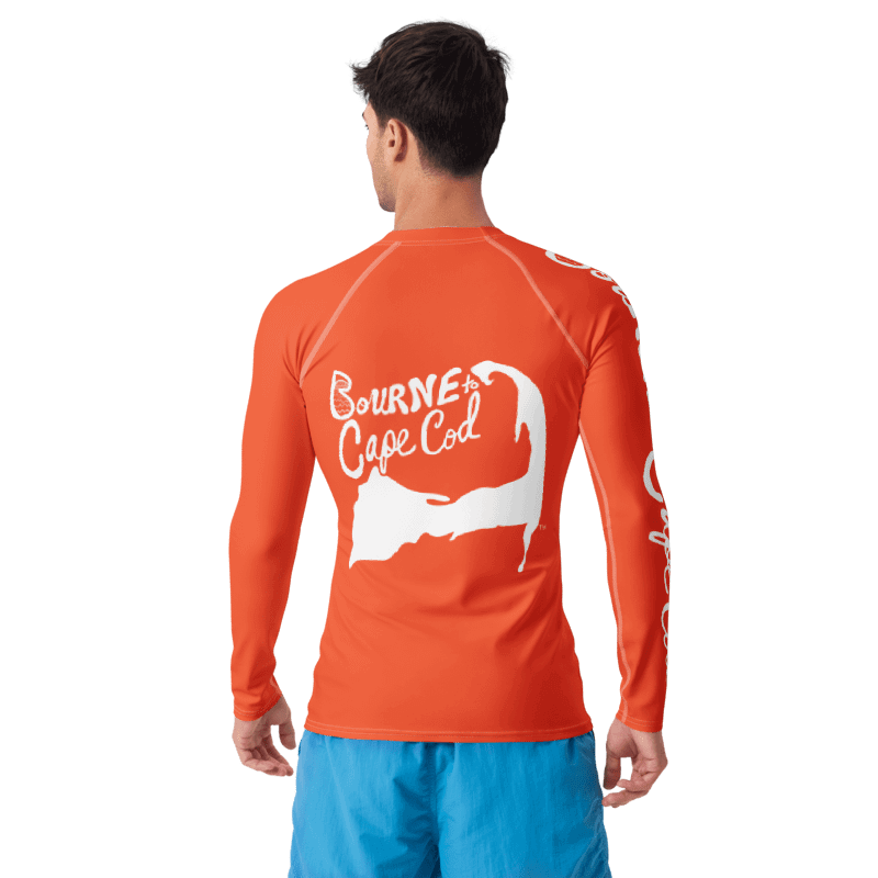 BRN.2C.C.™ /BOURNE to Cape Cod™ | Men’s Long Sleeve Rash Guard | UPF 50+ Active Coastal Shirt | White Logos on Outrageously Orange product image (2)