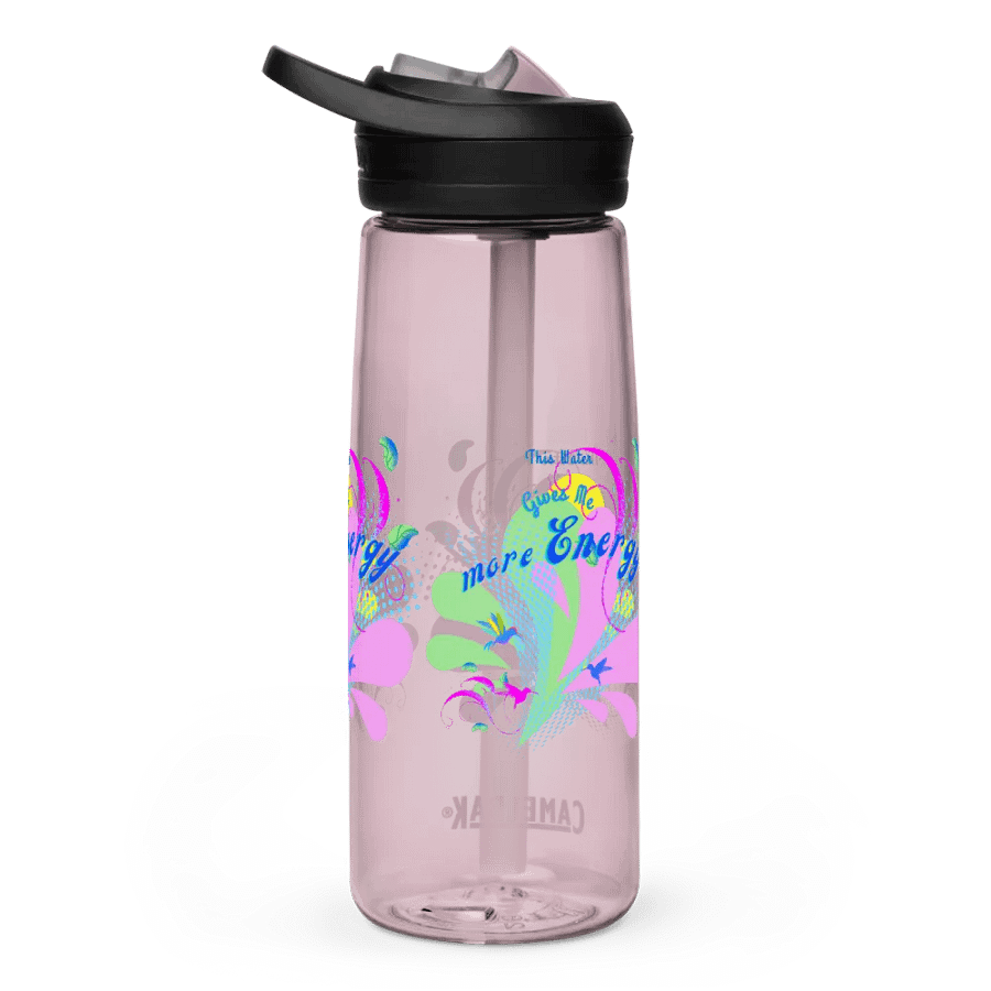 Camelback water bottle with beautiful swirly pink and green water drop splash and drops design featuring ' This water gives me Energy
