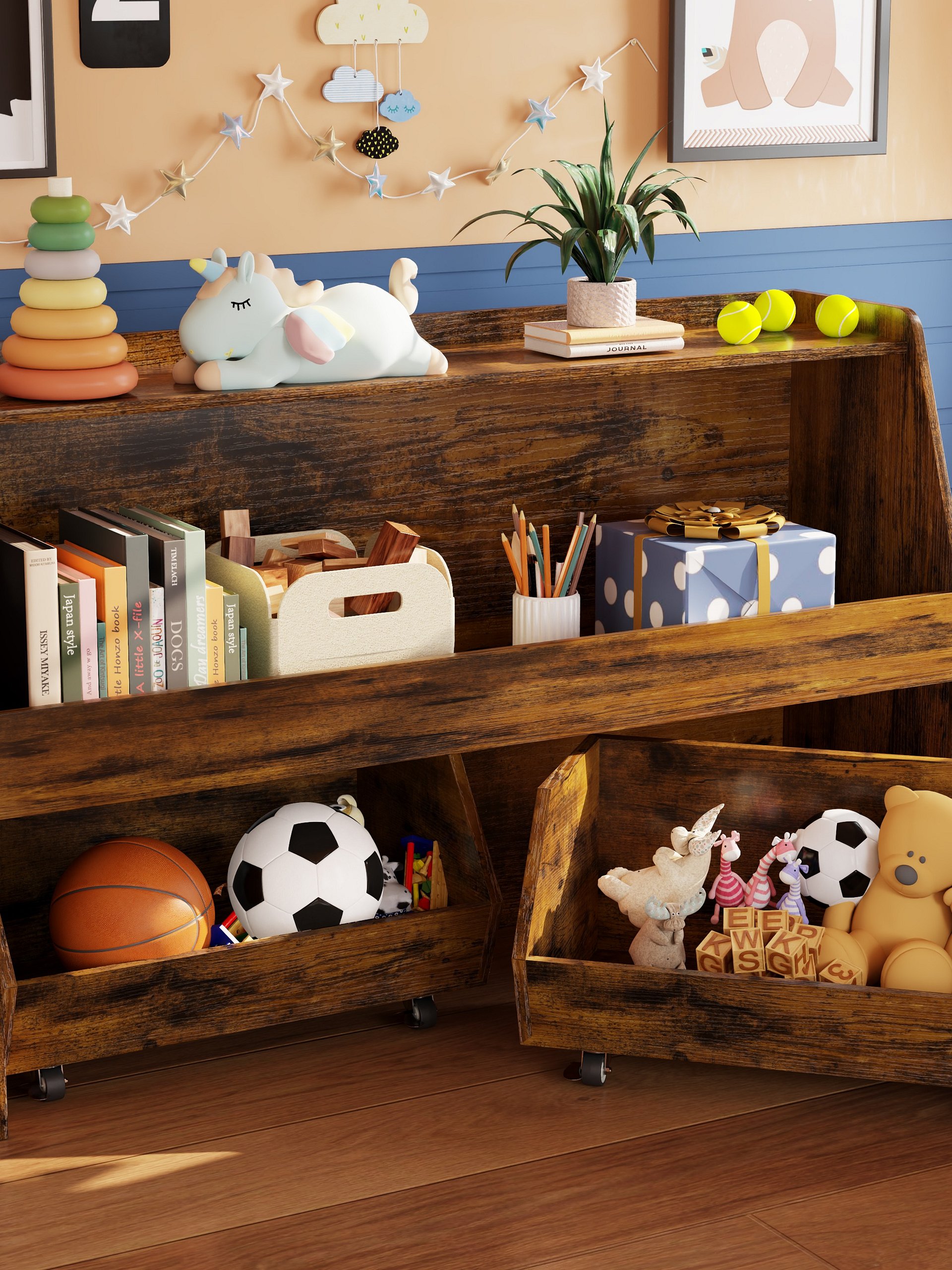 2-Tier Portable Toy Storage, Kids Toy Organizer W/2 Removable Bins with 4 Wheels（Brown) product image (3)