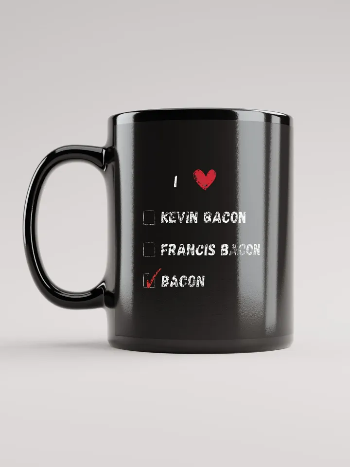 I love Kevin Bacon, Francis Bacon, Bacon, heart, funny pun, cute joke, ambidextrous left-handed right-handed tea coffee mug product image (2)