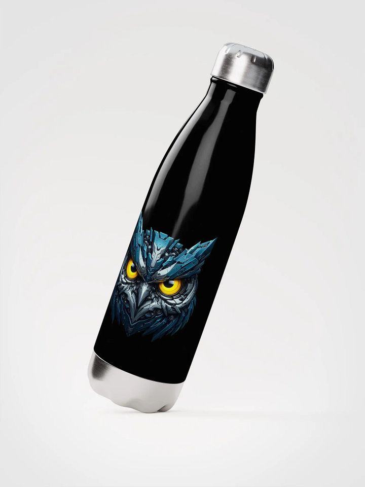 Black Stainless Steel Water Bottle with Blue Iron Owl Robot Design product image (2)