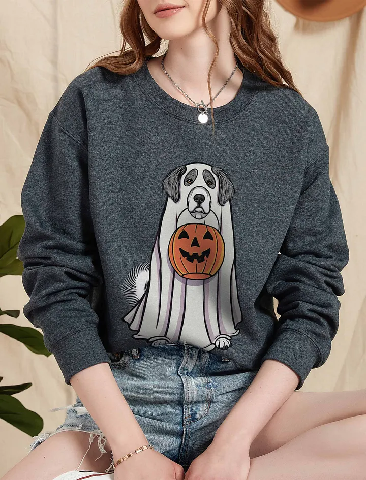 Funny Halloween Great Pyrenees(Gray) Sweatshirt | Funny Pyr Wearing a Ghost Costume and Holding a Pumpkin Basket product image (5)