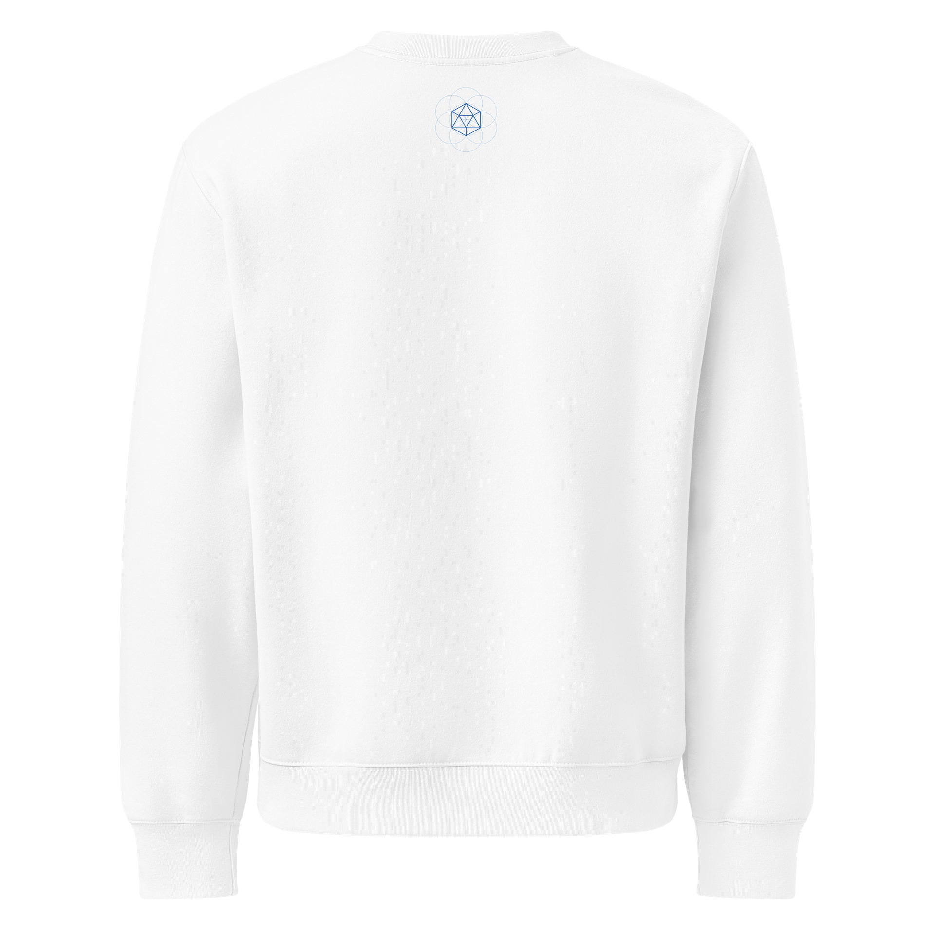 White Sweater – Blue Icosahedron (Centered Front & Upper Back Print) product image (2)