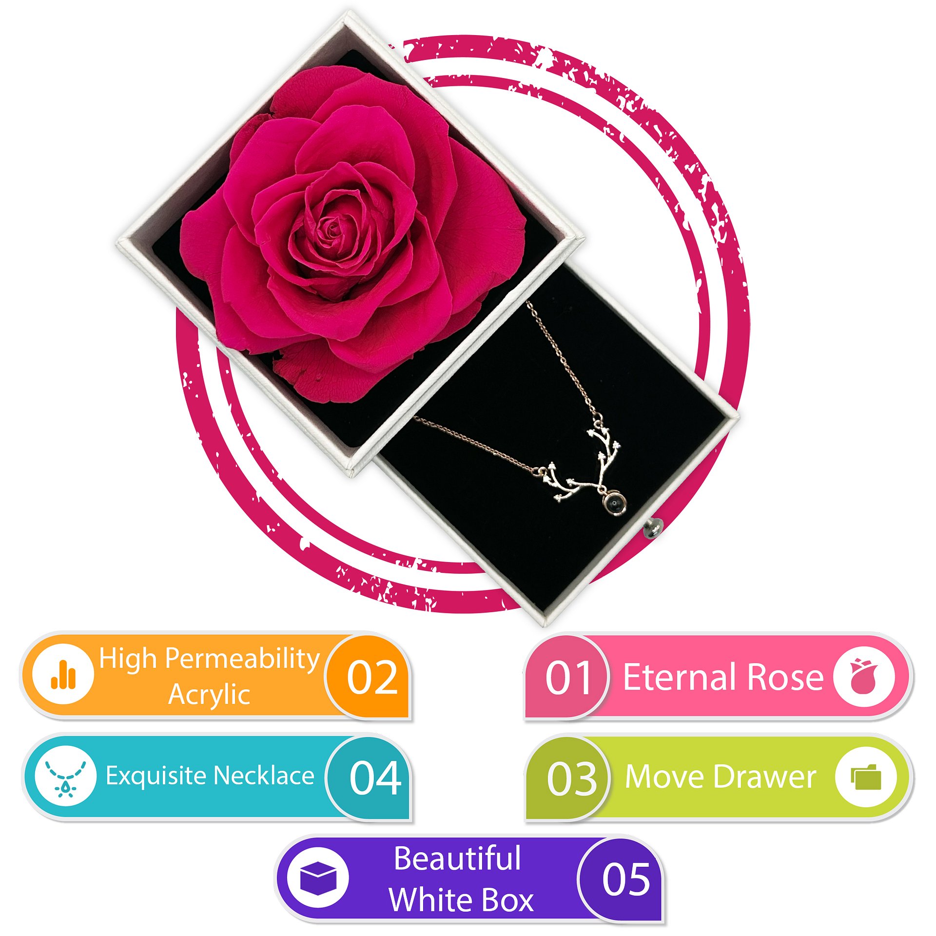 Eternal Rose Gift Box with "I Love You" Necklace (Hot Pink) product image (6)