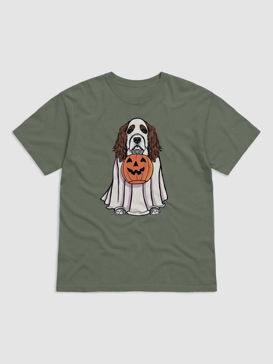 Funny Halloween Cocker Spaniel(Liver & White) T-Shirt | Funny Cocker Spaniel Wearing a Ghost Costume and Holding a Pumpkin Basket product image (8)