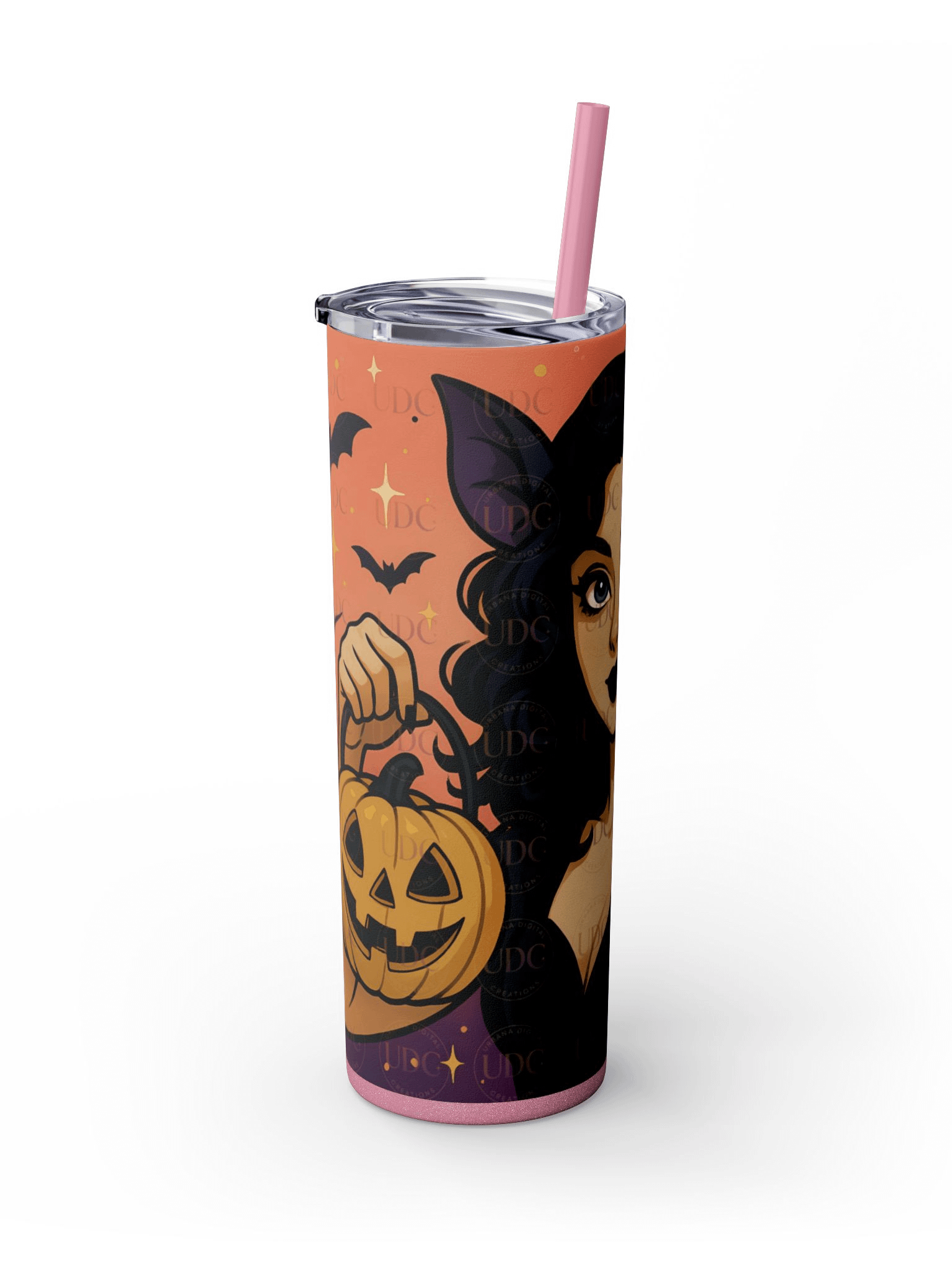 Bat-Eared Gothic Witch Halloween Tumbler Wrap PNG – Black Dress, Pumpkin, Haunted House & Sunset Bats for 20oz Skinny Tumblers product image (3)