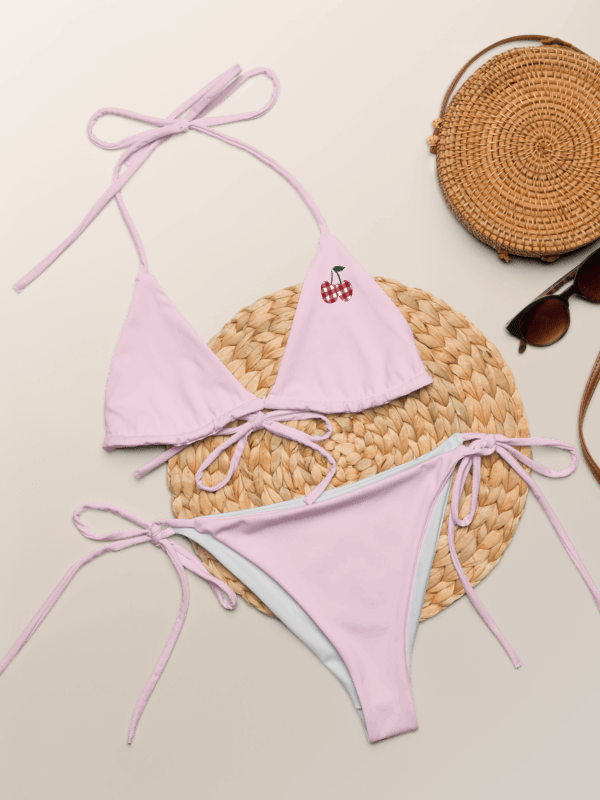 Gingham Cherry Low Rise Cheeky String Bikini, Light Pink product image (1)
