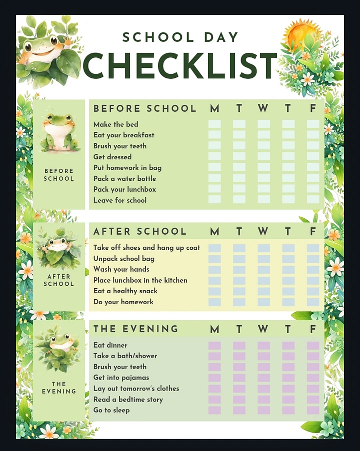 Child's Cute Frog School Day Checklist Back To School Digital Printable product image (2)