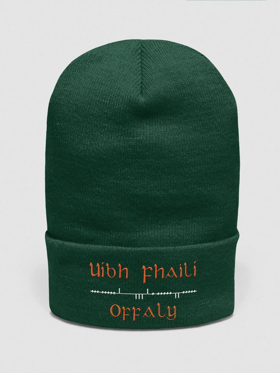 Offaly/Uíbh Fhailí Scholastic style Ogham, Green with white and orange, embroidered Cuffed Beanie product image (1)