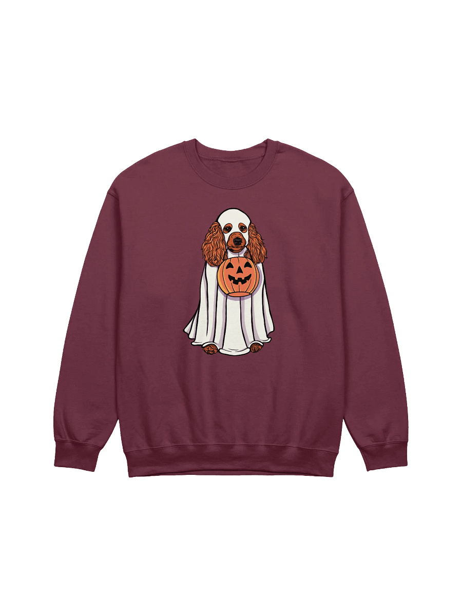 Funny Halloween Poodle(Red) Sweatshirt | Funny Papillon Wearing a Ghost Costume and Holding a Pumpkin Basket product image (12)