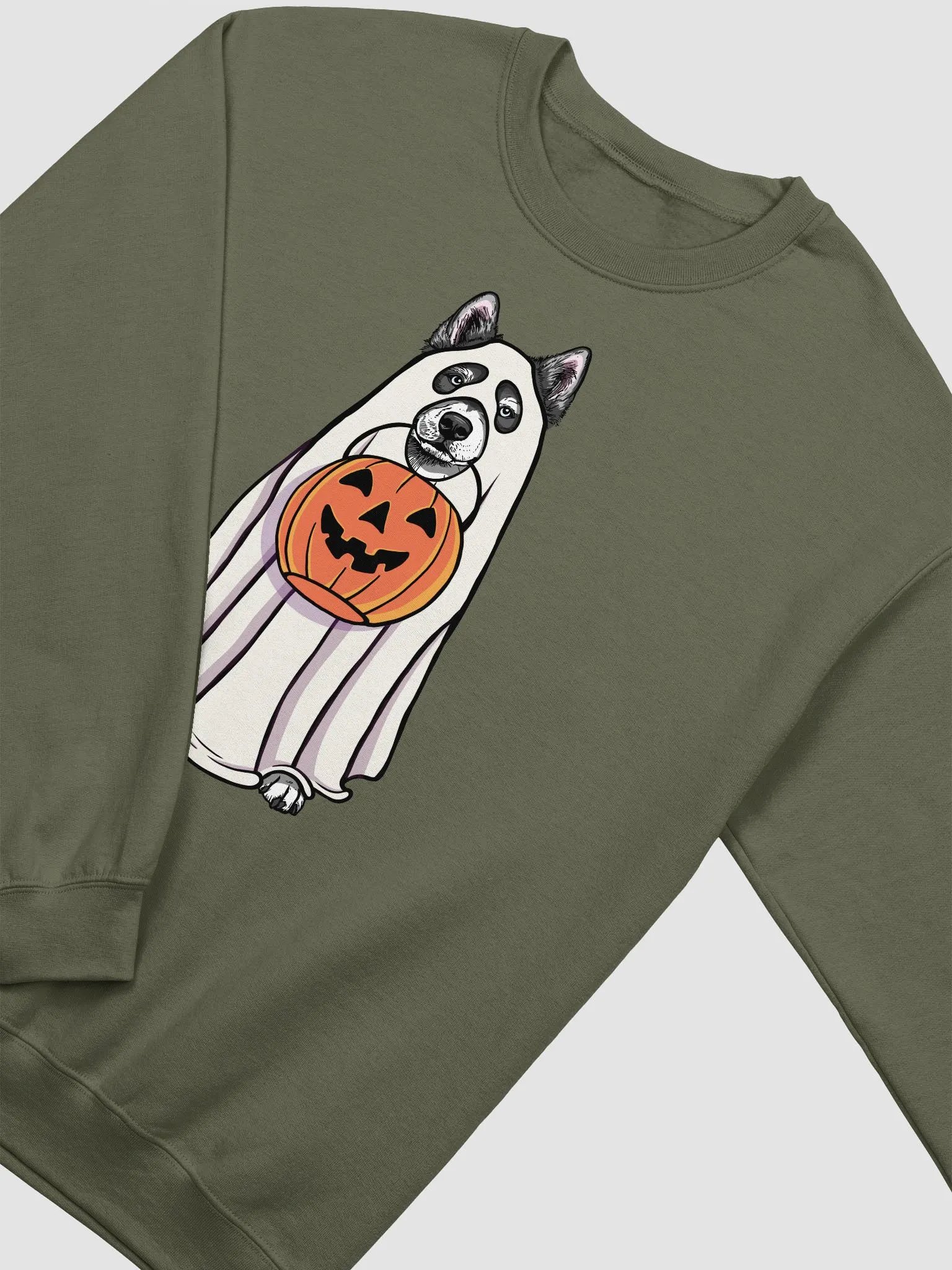 Funny Halloween Alaskan Malamute(Black) Sweatshirt | Funny Dog Wearing a Ghost Costume and Holding a Pumpkin Basket product image (14)