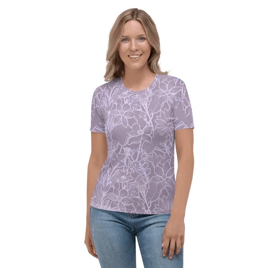 Line art Lilac and Pink Floral/All-Over Print Women's Crew Neck T-Shirt by Sublicolor product image (3)