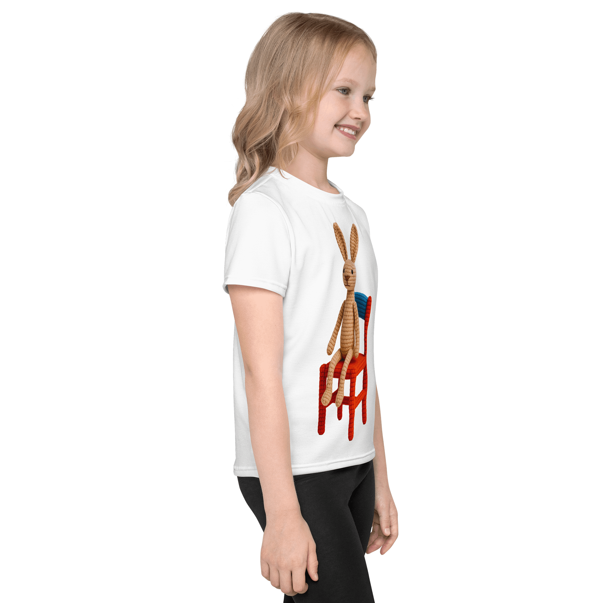 Hare on a Chair Kids Crew Neck T-Shirt: Whimsical Handcrafted Crochet Art product image (4)