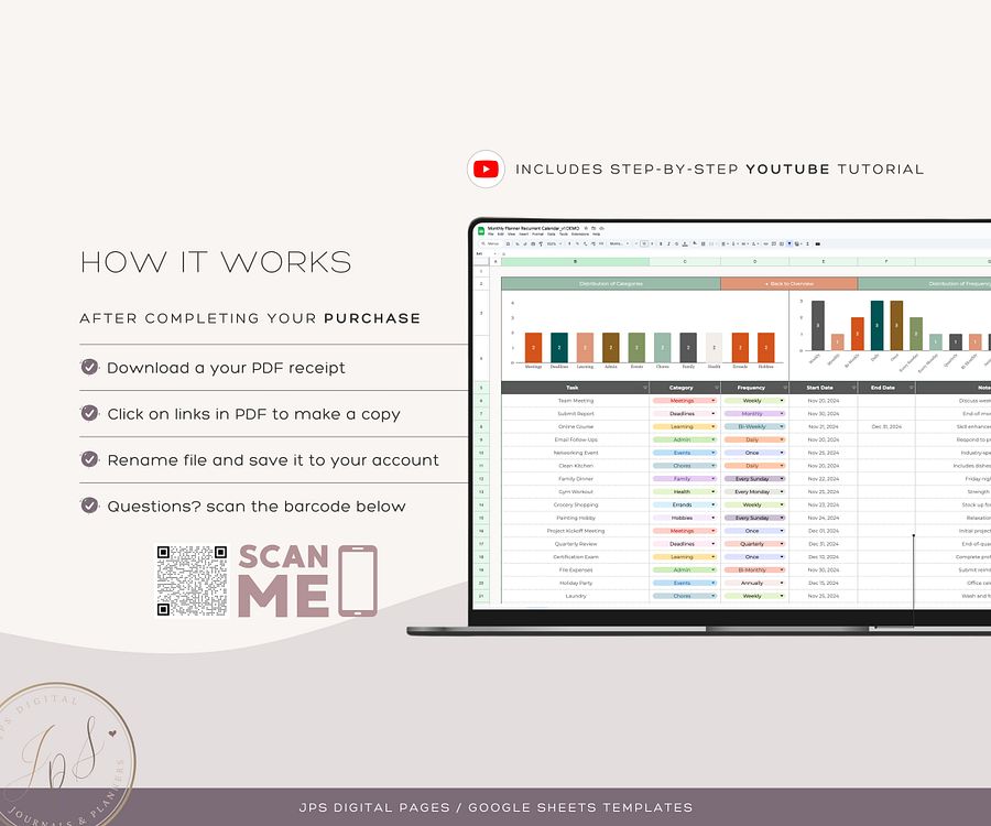 Recurring Task Manager, Google Sheets Template, Dynamic Monthly Calendar product image (11)