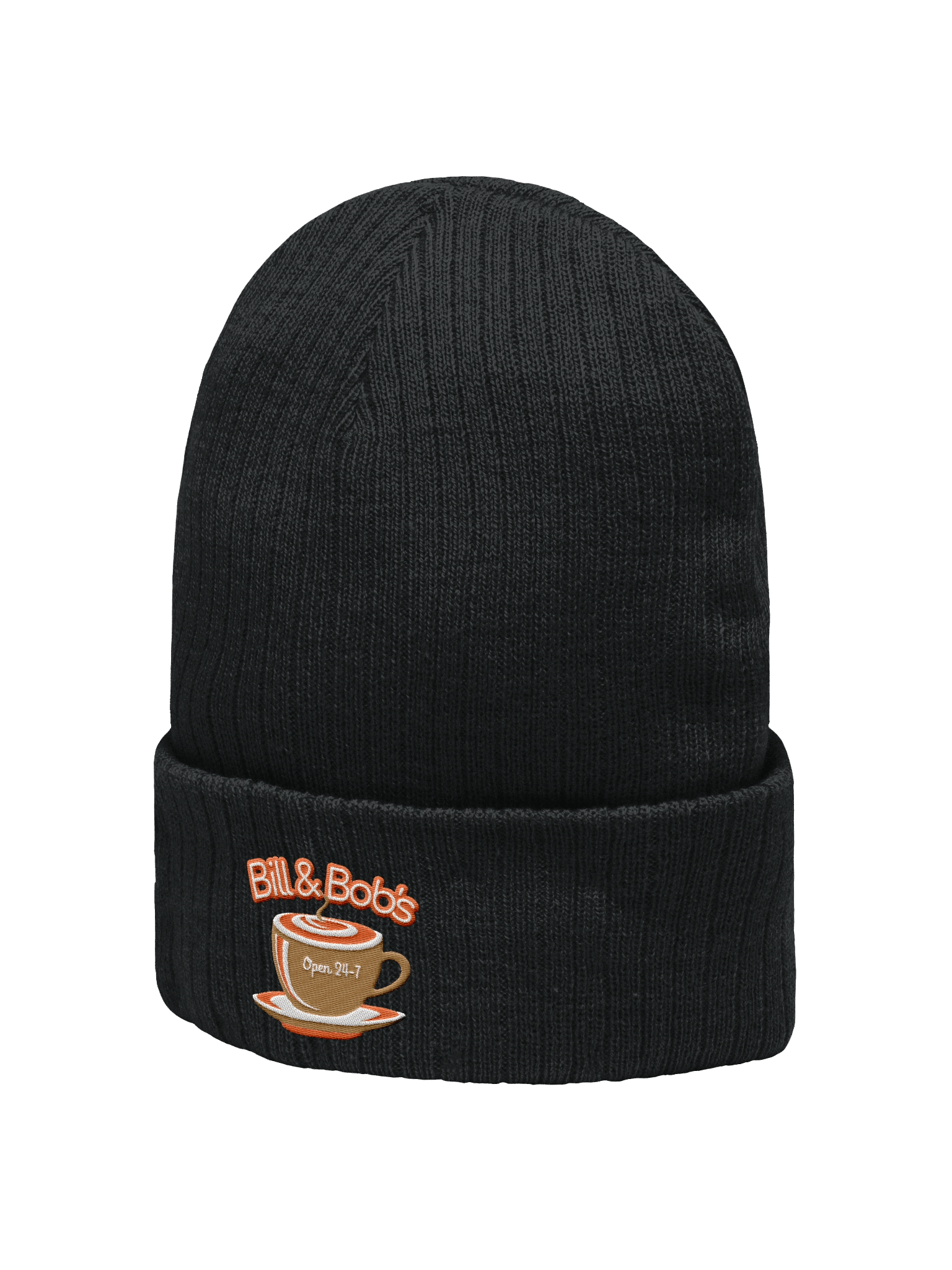 Bill and Bob's Coffee Shop Open 24/7 Beanie Hat Orange Design product image (3)