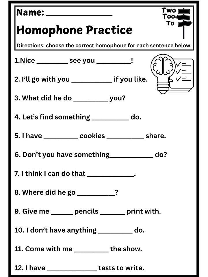 To, Too, or Two? Homophone Practice Worksheet product image (1)
