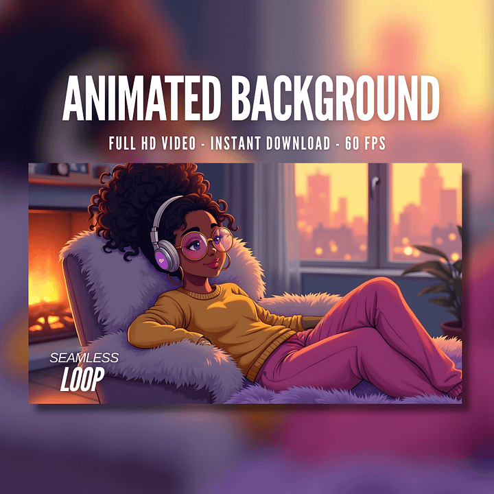 Animated Background | Cozy Self-Care Vibes | Stylish Dark-Skinned Woman by Fireplace | Lofi | Stream | Live Wallpaper | AB57 product image (1)