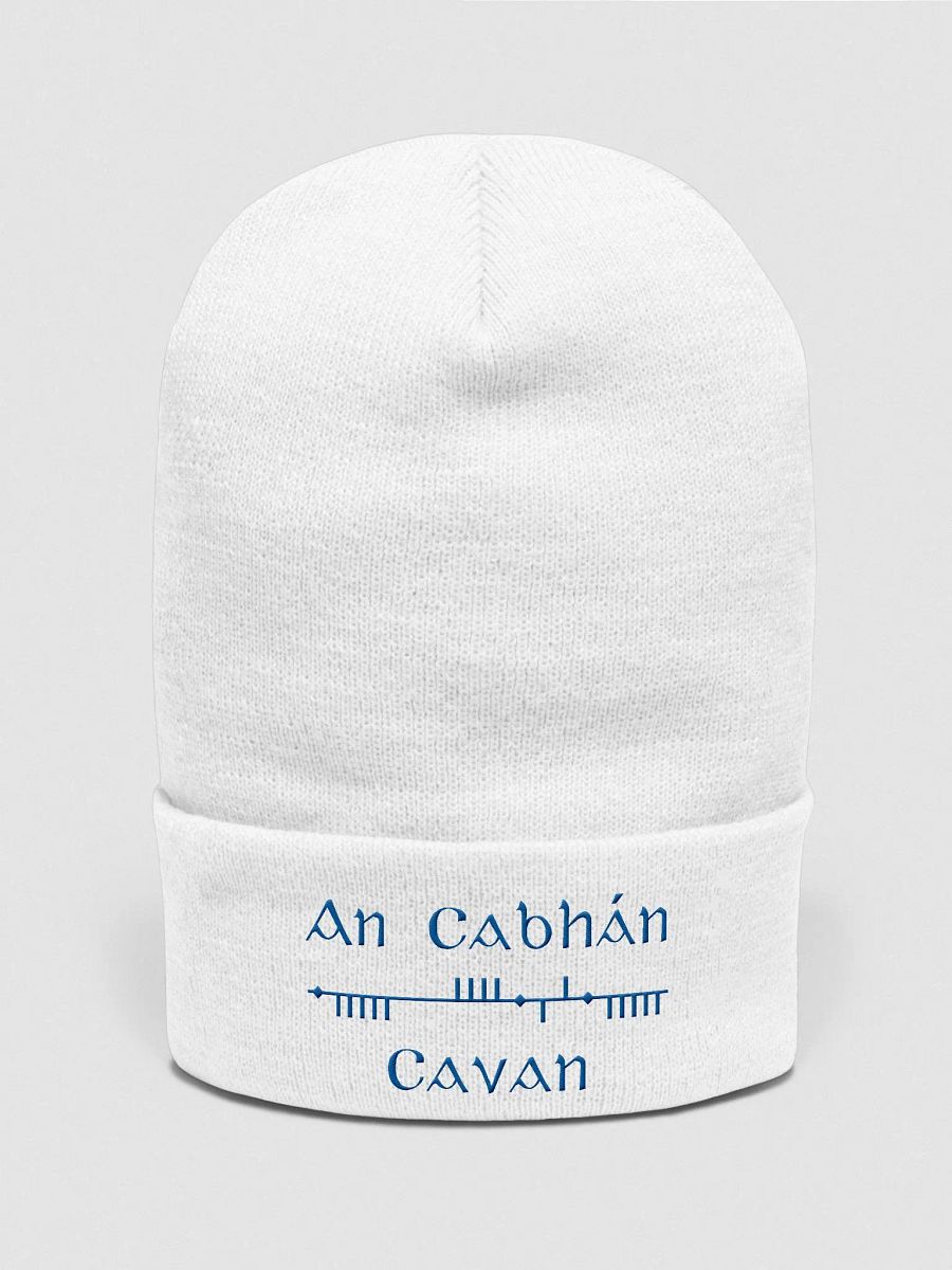 Cavan/An Cabhán, White with Blue, Scholastic Style Ogham embroidered Cuffed Beanie product image (1)