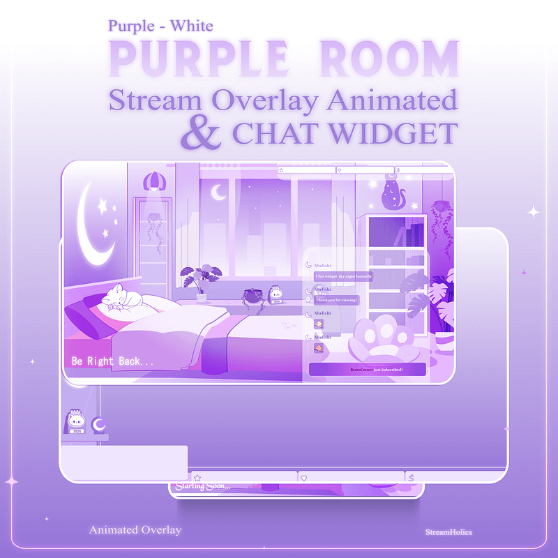 Glowing Room Stream Overlay Animated Pack, Stream Overlay Animated Cute Purple Room Overlay , Cute Room Kitty Overlay, Starting Soon, Brb