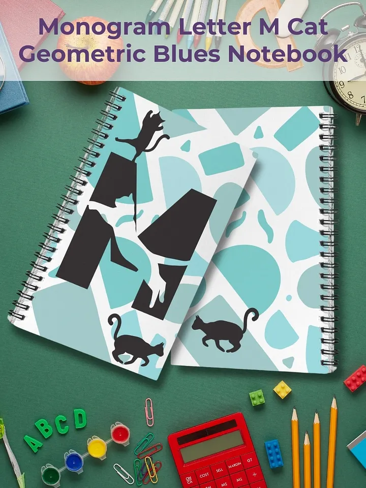 Monogram Letter M Cat Lover Geometric Blues Notebook product image (1)