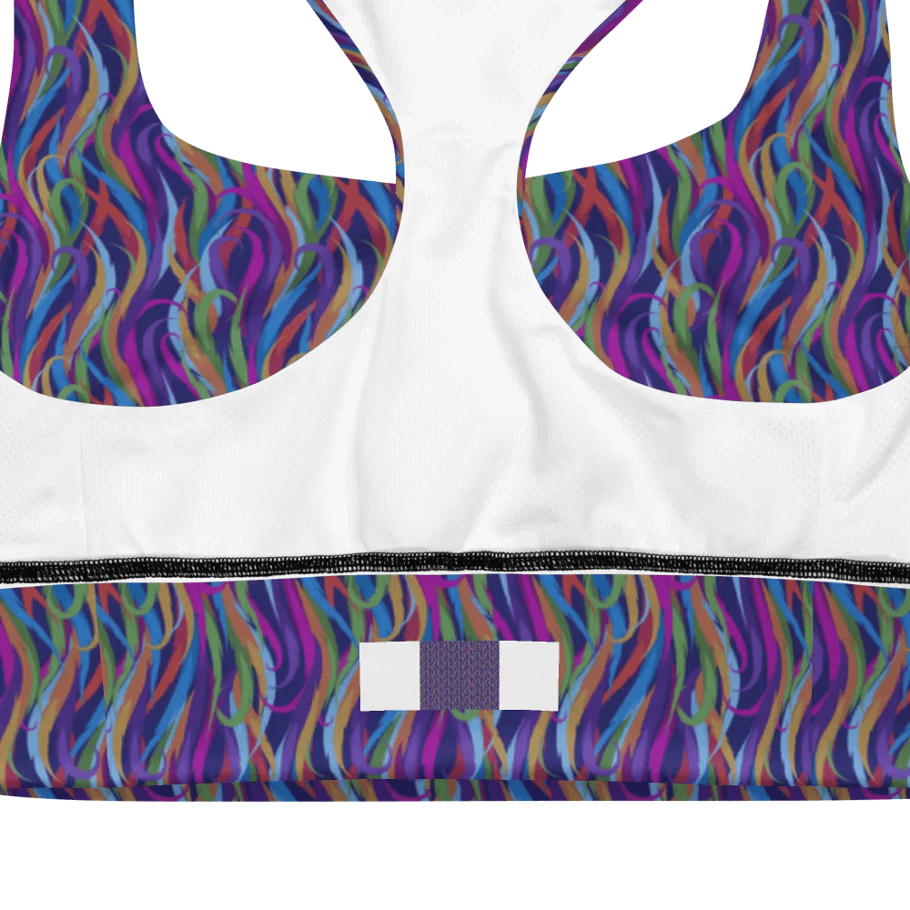Longline sportsbra with  modern colorful design in magenta mauves on black product image (10)