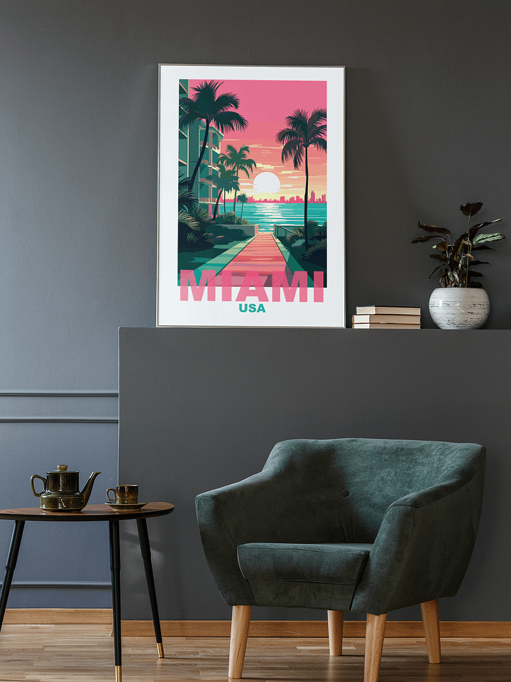 Tropical Sunset in Miami Art Print, Vibrant Beachside Palm Trees Poster, Retro Styled Miami USA Skyline, Coastal Wall Decor, Gift Idea product image (2)