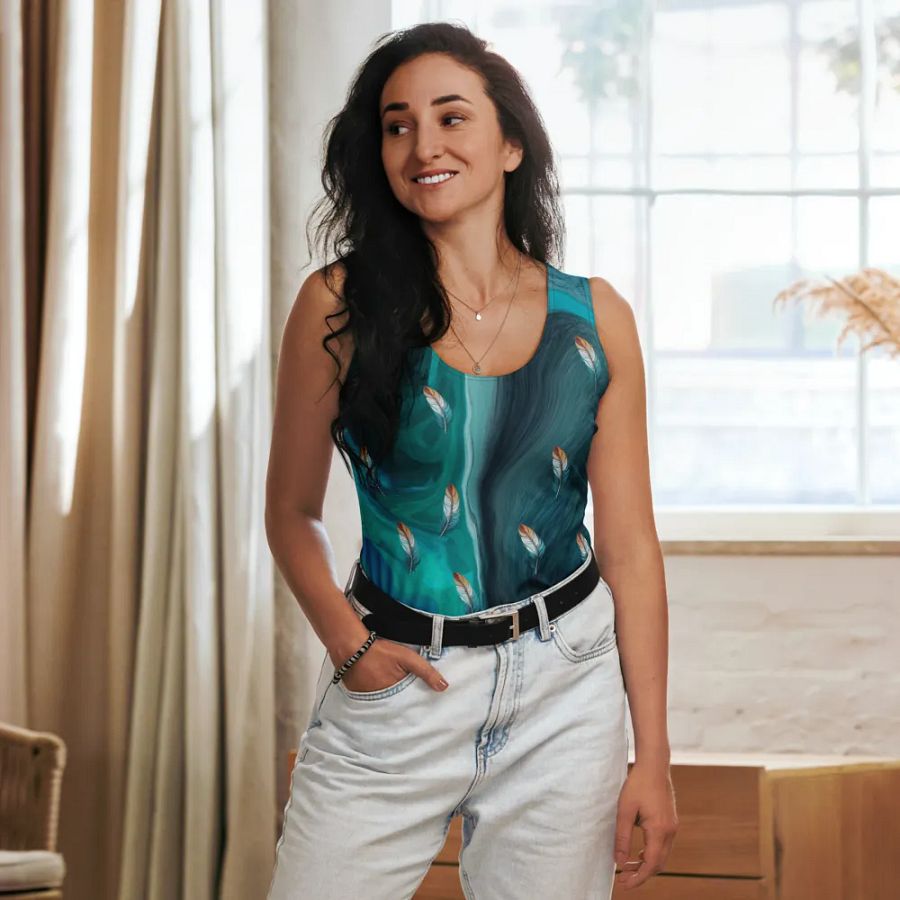 Ladies all over print tank top with colorful feathers design on abstract background. product image (8)