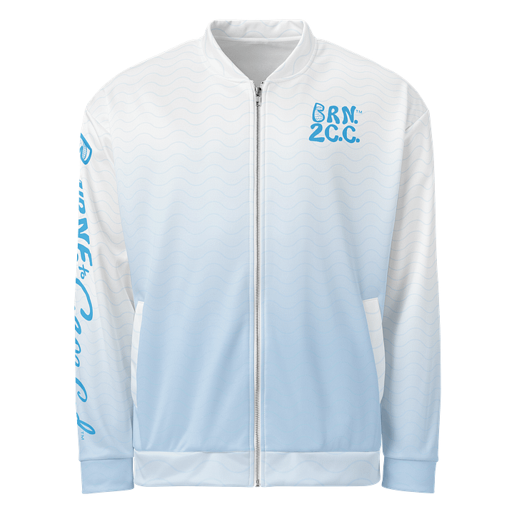 All-Over Print Bomber Jacket | Coastal Cool, City Bold | BOURNE to Cape Cod™ + BRN.2C.C.™ Style | Deep Sky Blue Logos on Blue & White Ombre product image (1)