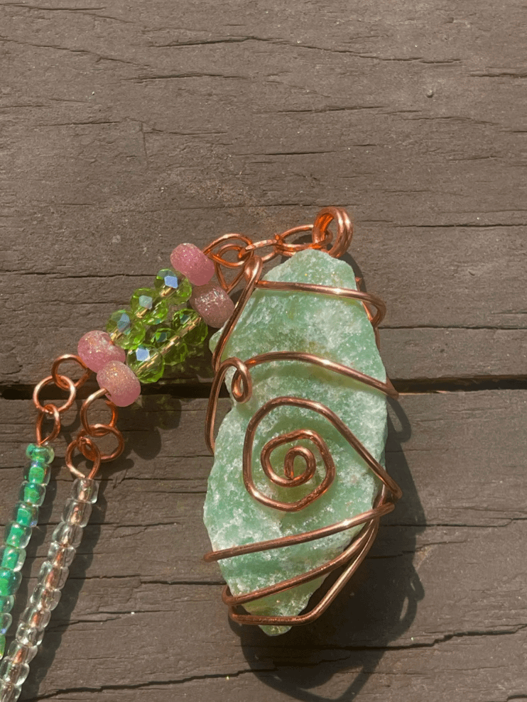 Raw Green Aventurine "Julie" Copper Wrapped Necklace Healing Stone Beaded Chain product image (4)