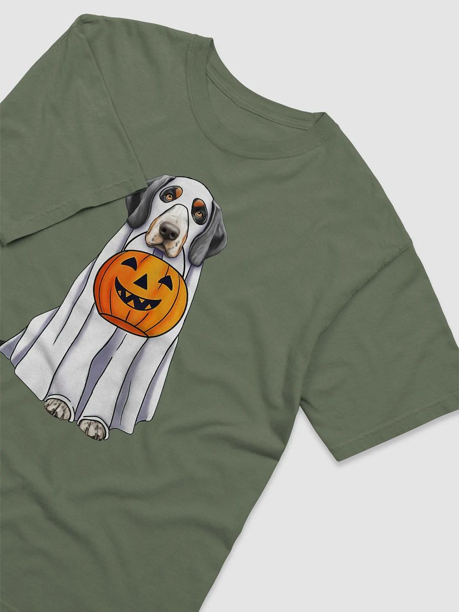 Bluetick Coonhound Halloween Tee | Funny Halloween Bluetick Wearing a Ghost Costume with Pumpkin Basket product image (3)