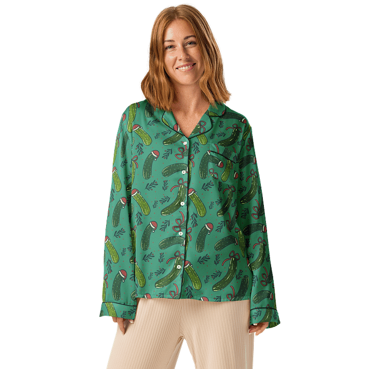 Funny Christmas Pickles Pattern Pyjama Shirt, Dark Green product image (2)