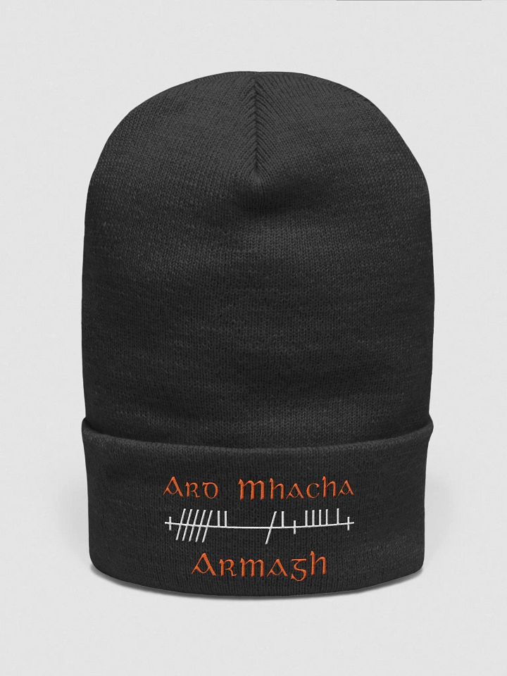 Armagh/Ard Mhacha Orthodox Style Ogham, Tangerine and white, embroidered cuffed Beanie product image (1)