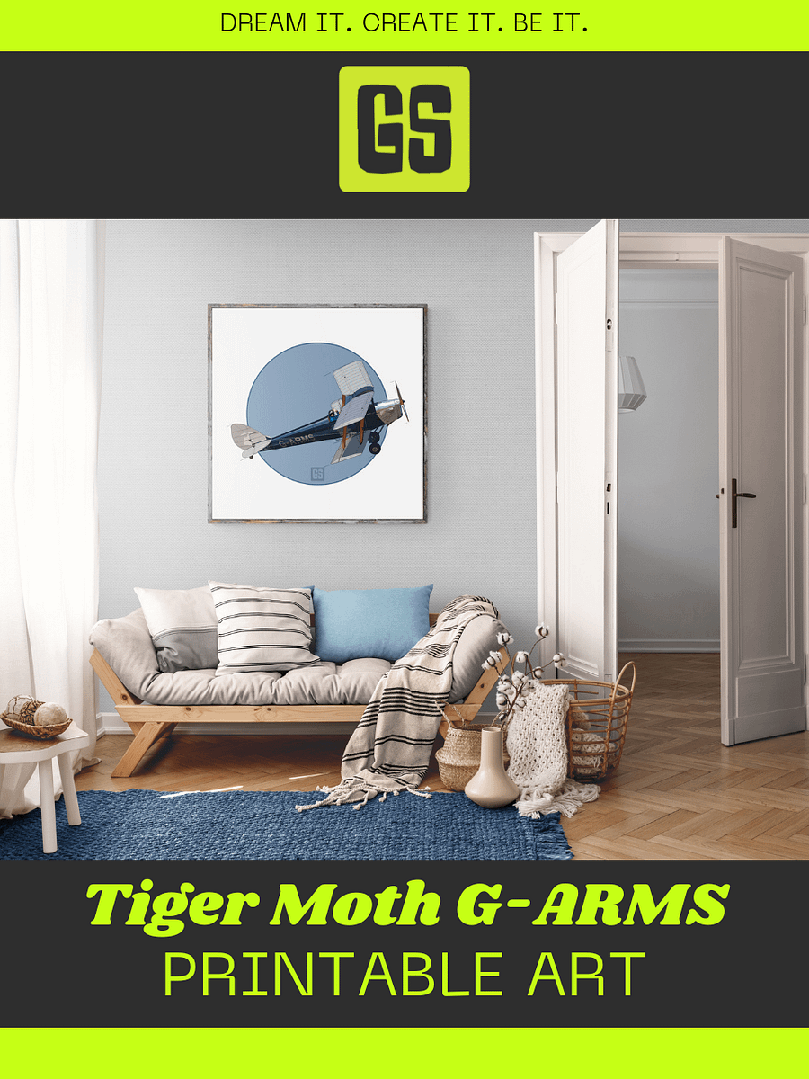 Tiger Moth G-ARMS Printable Aviation Wall Art Square Size Blue Circle & White Border Background product image (3)