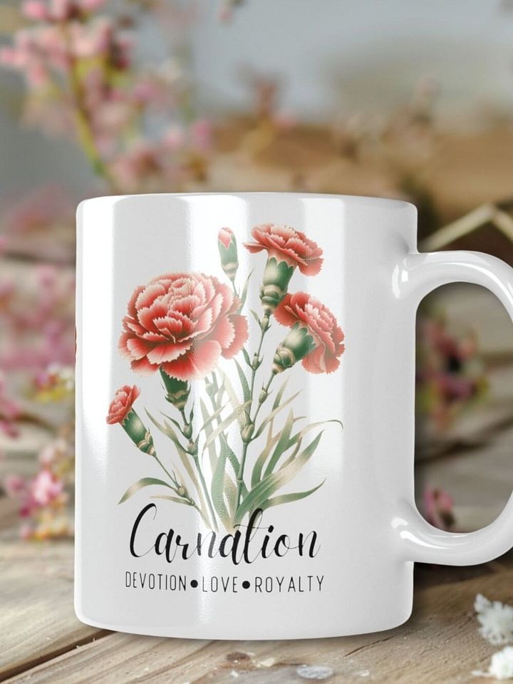 Carnation Ceramic White Mug: Devotion, Love, Royalty January Birth Month Flower product image (1)