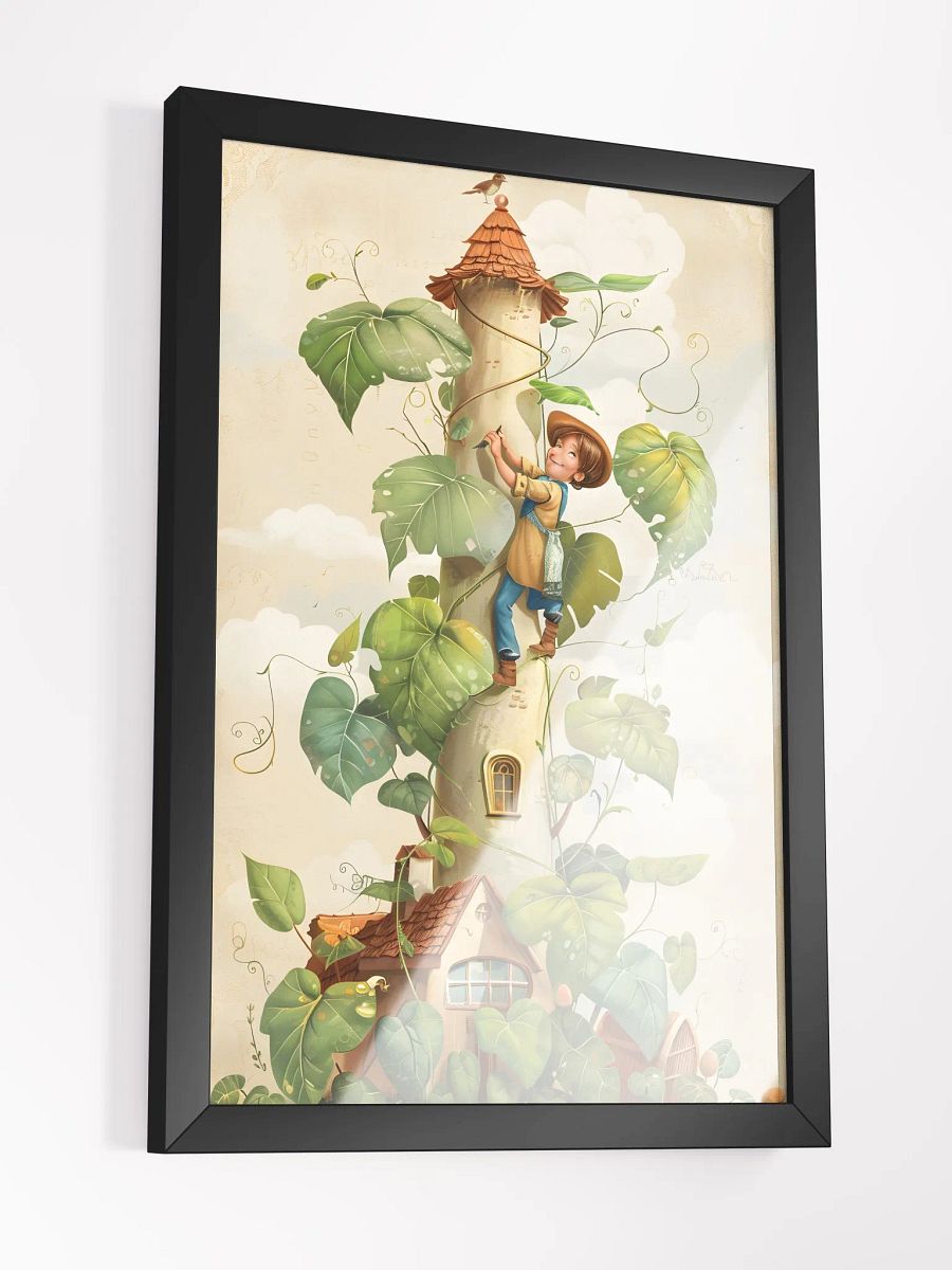 Boy climbing a tall beanstalk toward a cozy small house product image (3)