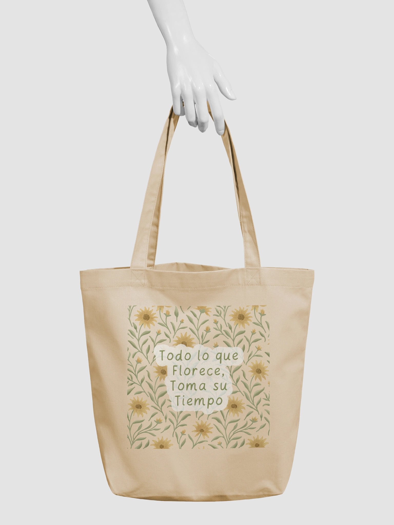 Eco-Friendly tote bag with golden field floral design – Inspirational Quote, everything that blooms, takes its time product image (3)