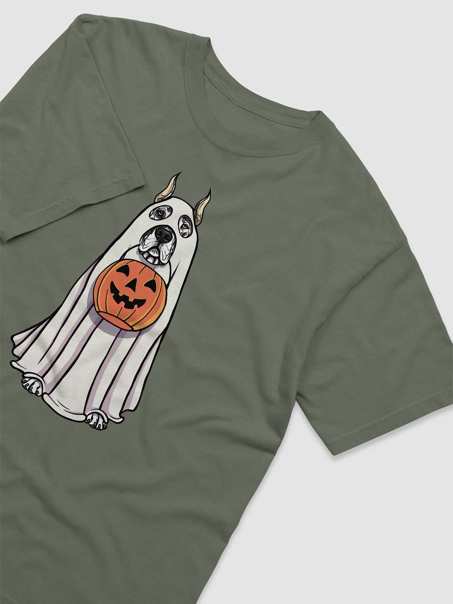 Funny Halloween Great Dane(Cropped Ears, Harlequin) T-Shirt | Funny Great Dane Wearing a Ghost Costume and Holding a Pumpkin Basket product image (10)