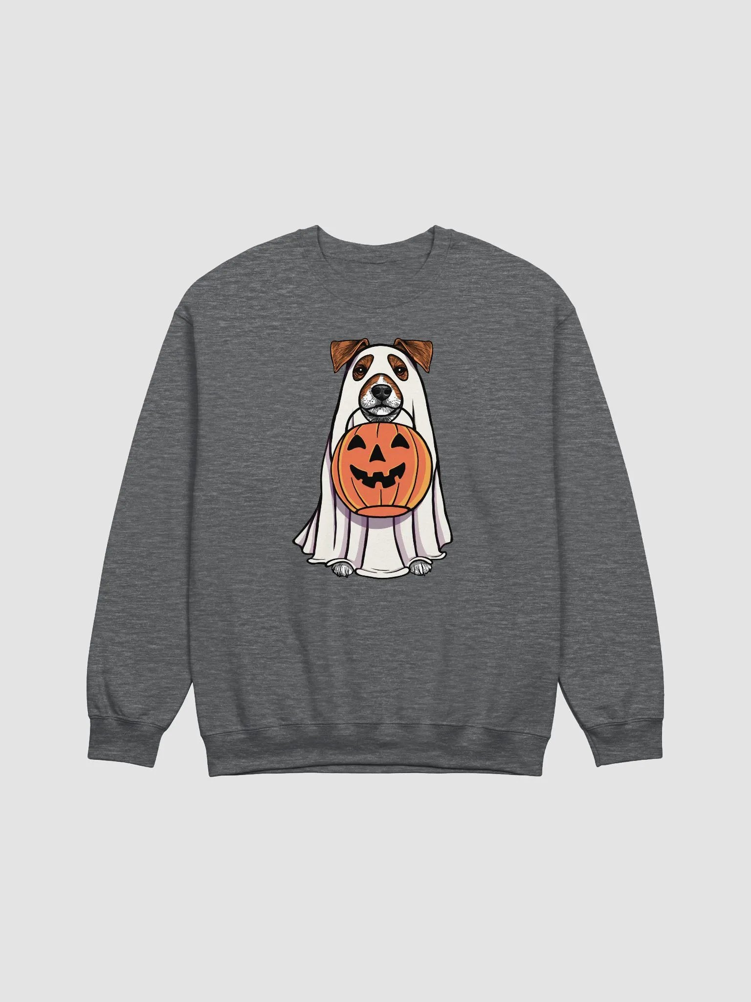 Funny Halloween Jack Russell Terrier Sweatshirt | Funny JRT Wearing a Ghost Costume and Holding a Pumpkin Basket product image (3)