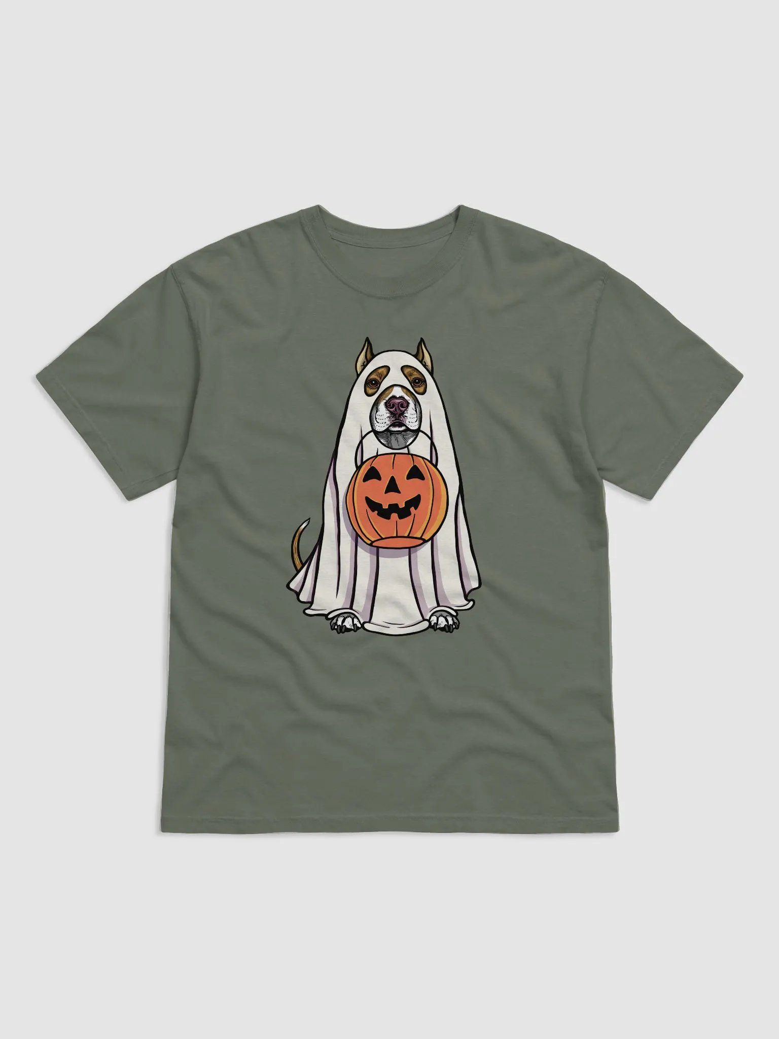 Funny Halloween Pitbull Terrier(Cropped Ears, Brindle) T-Shirt | Funny Pittie Wearing a Ghost Costume and Holding a Pumpkin Basket product image (12)
