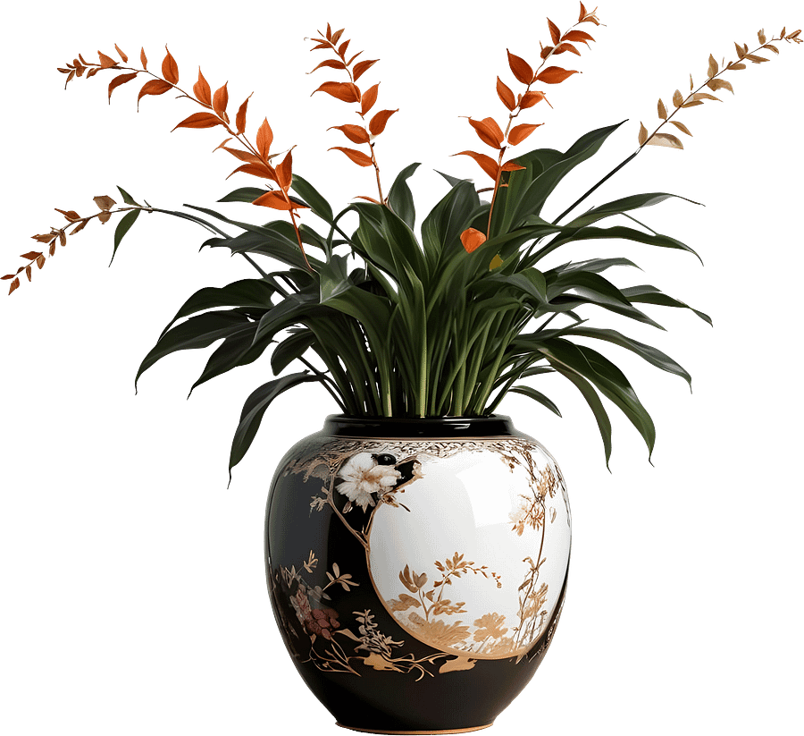 Black and White Chinese Vase – Golden Floral Elegance PNG product image (1)