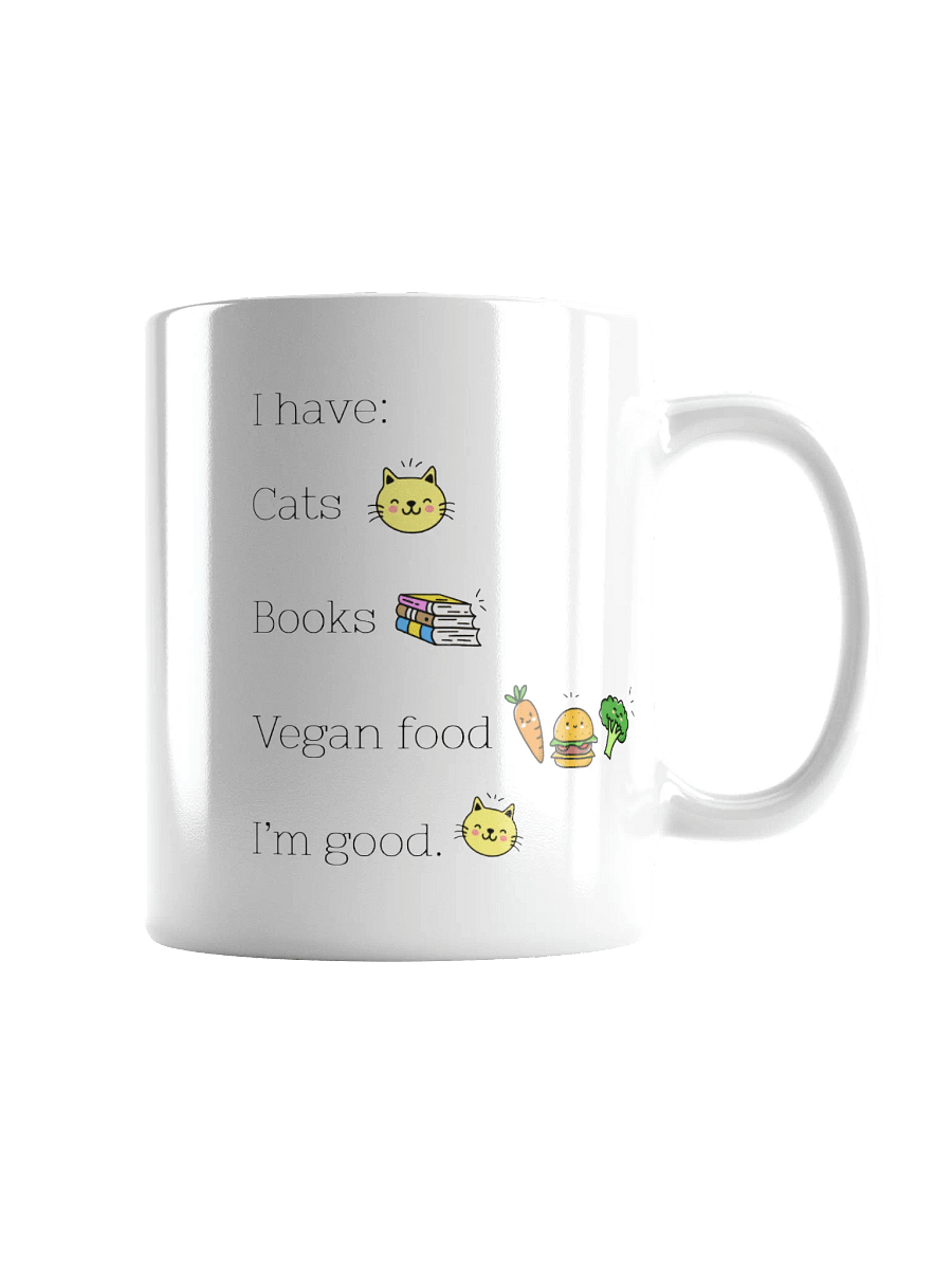 “Cats, Books, and Vegan Food” Coffee or Tea Mug product image (1)