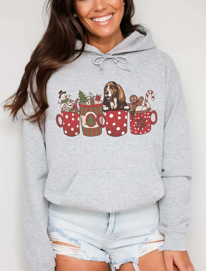 Cute Basset Hound in a Christmas Cup Hooded Sweatshirt | Funny Christmas Pup in a Cup product image (21)