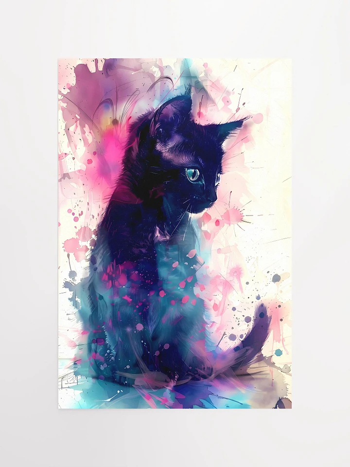 Mystique in Watercolor: Abstract Black Cat Amidst Vivid Splashes Matte Poster product image (2)