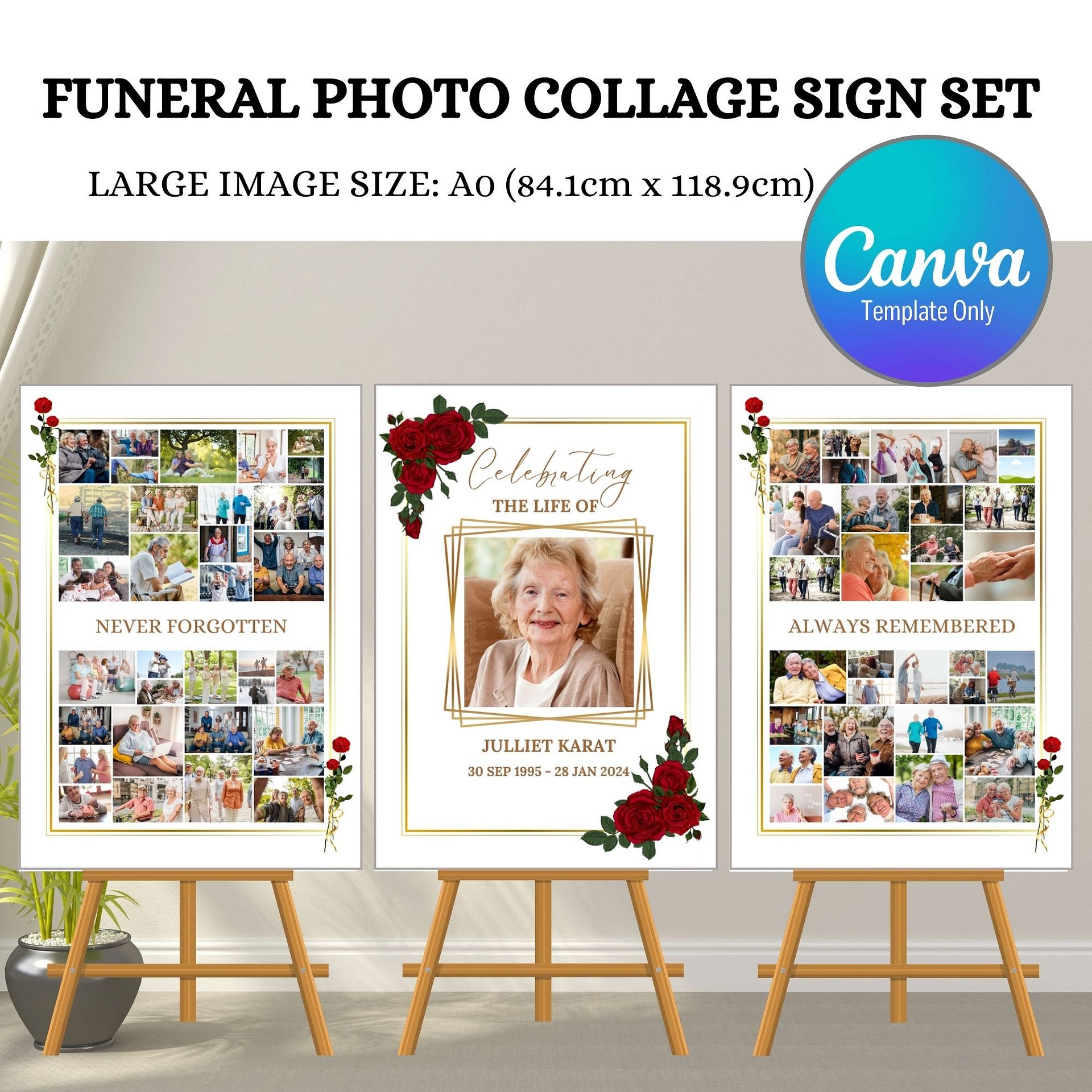 Red Roses Funeral Photo Collage Sign Set Canva Template product image (1)