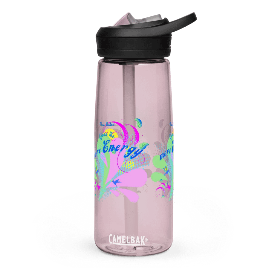 Camelback water bottle with beautiful swirly pink and green water drop splash and drops design featuring ' This water gives me Energy