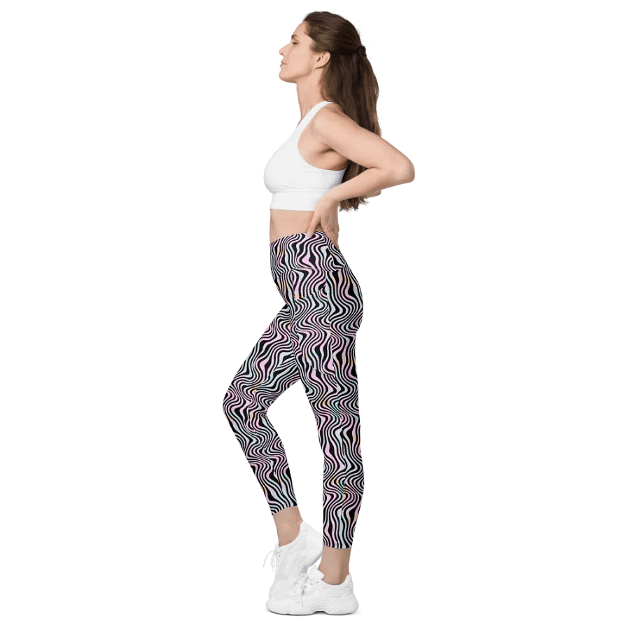 All over print leggings with pockests in wavy pink black and turuoise design. product image (8)
