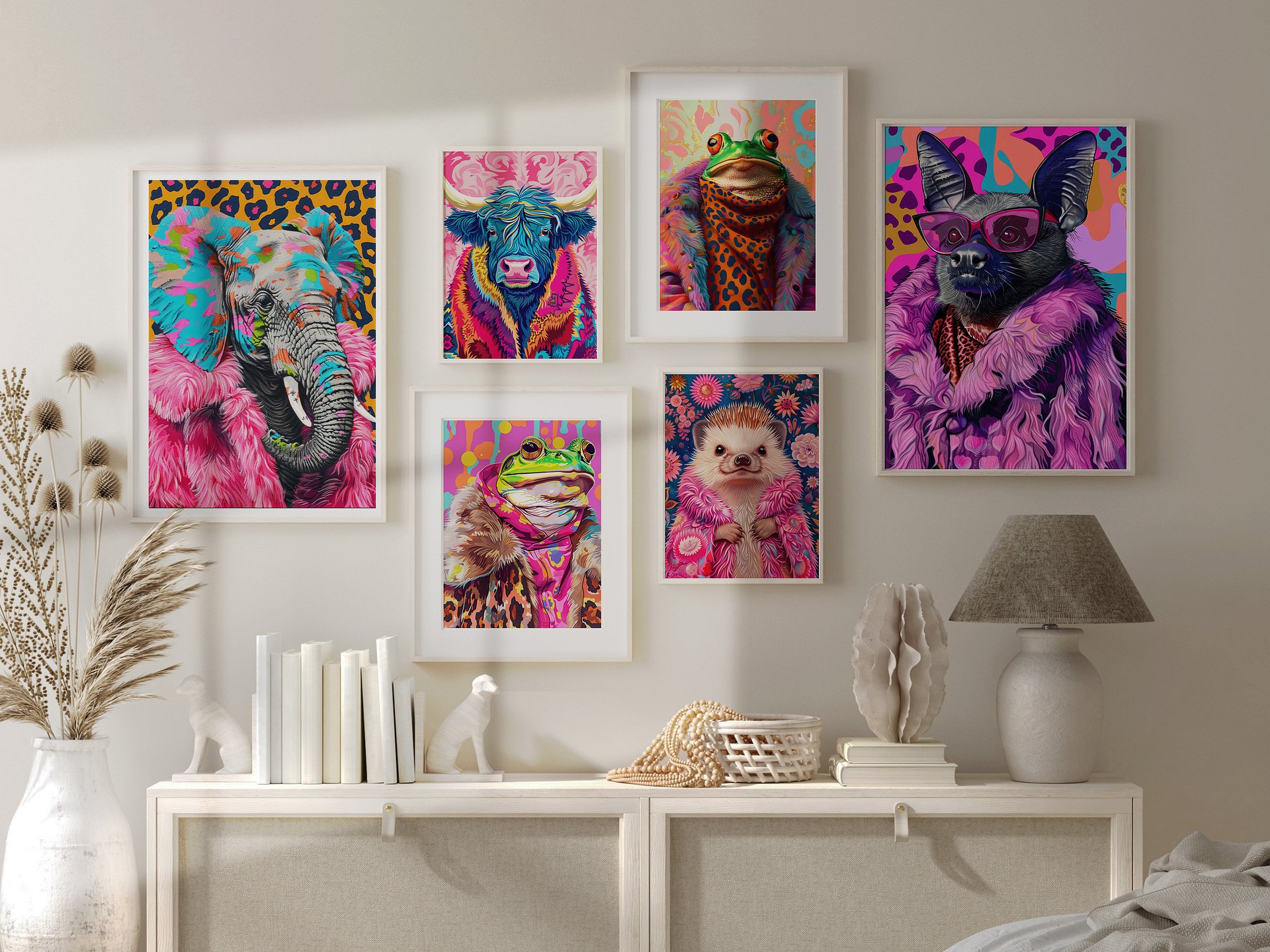 Anthropomorphic Animal Fashion Art DIGITAL Print Set of 6 ~ Frog, Toad, Highland Cow, Hedgehog, Bat, Elephant ~ product image (1)