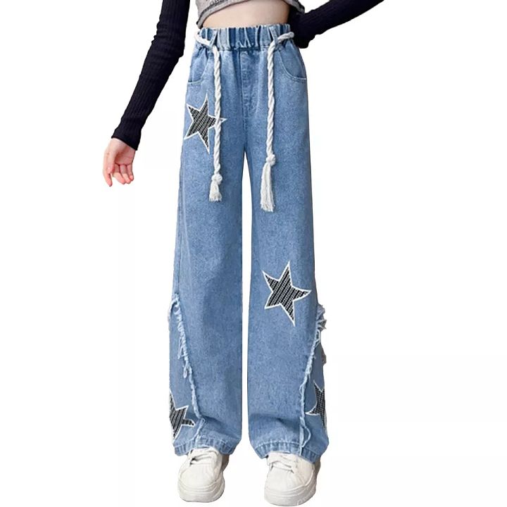 Kids Girls Jeans Unique Denim Pants Star Printed Trousers Ripped Casual product image (2)