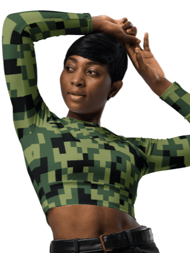 Military Green Camouflage Pixels Camo Pattern Long Sleeve Crop Top product image (1)